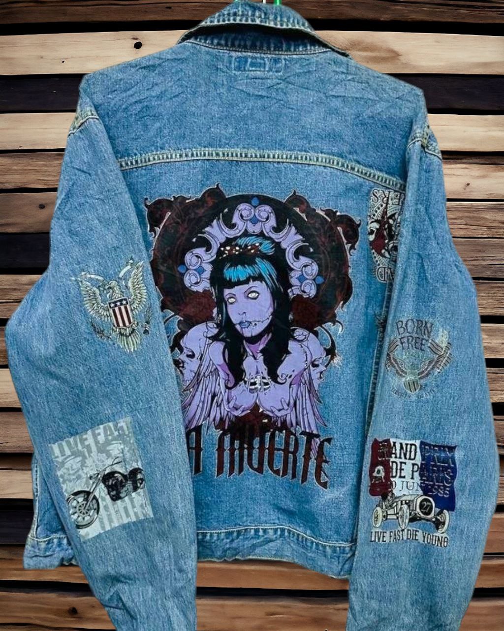 La Muerte Customised Vintage Denim Jacket For Men's Women's Kids
