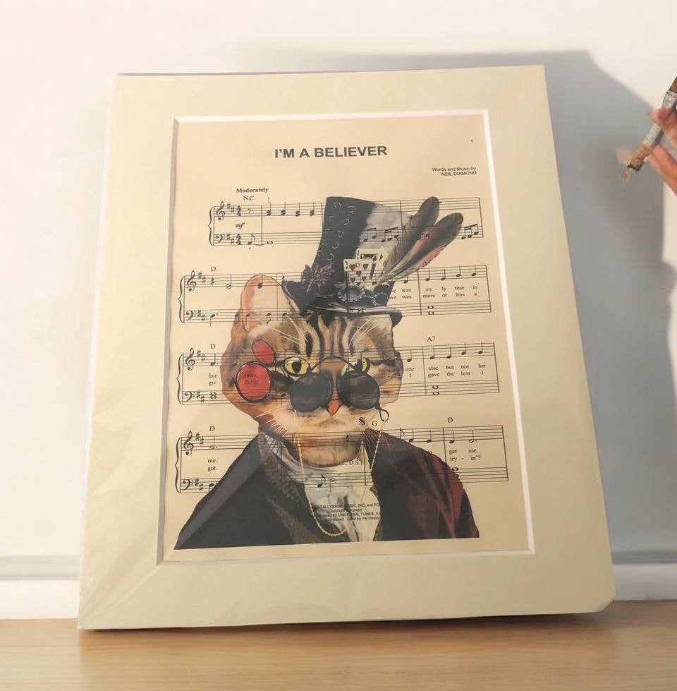 I'm a Believer" Steampunk Cat - Unique Art Print Hard Board Poster