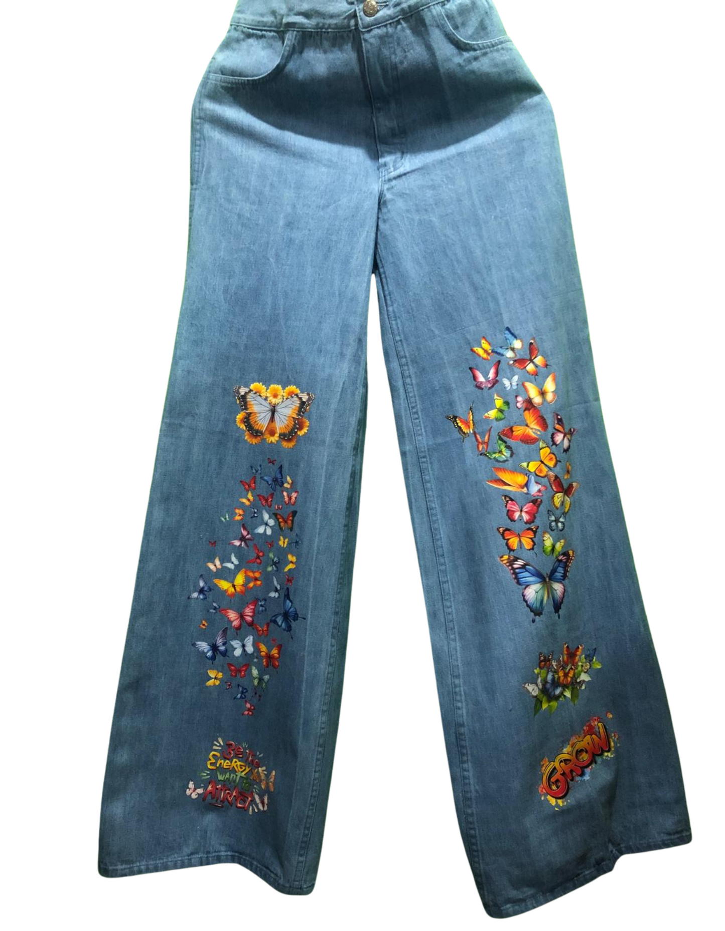 Customized Wide-Leg Denim Jeans with Butterfly Print – Trendy, Artistic, and Comfortable