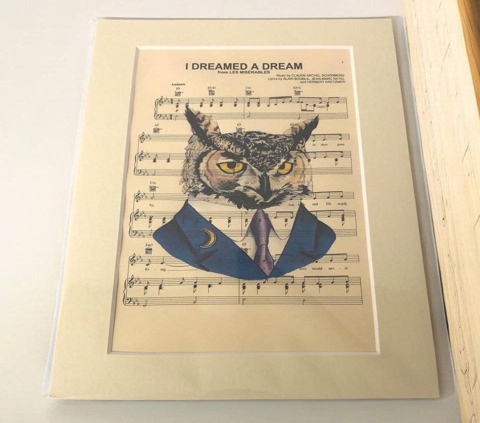 Whimsical Owl in Suit - "I Dreamed a Dream" - Unique Art Print Hard Board Poster