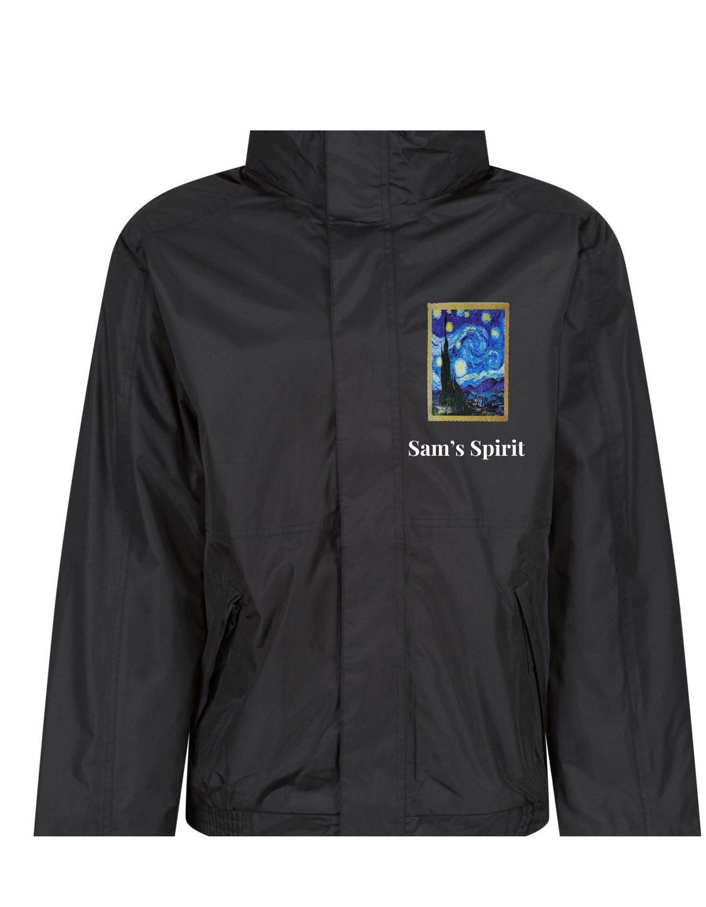 Custom Sam's Spirit waterproof jacket featuring a unique design, perfect for winter and personalized style.