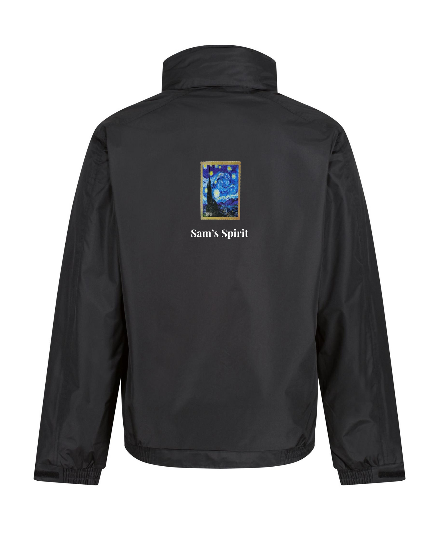 Custom black waterproof bomber jacket with 'Sam's Spirit' and art design on the back, ideal for trendy winter fashion.