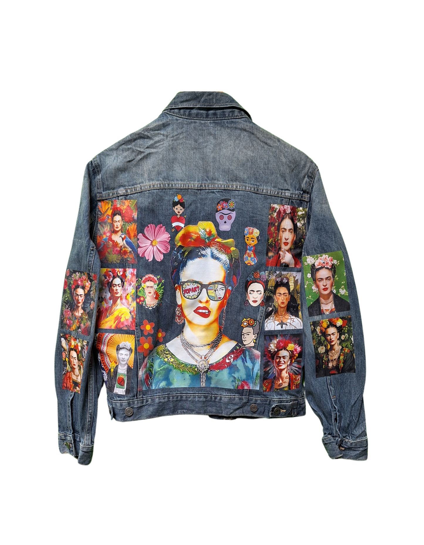 Denim jacket with artistic portraits and floral designs on a white background