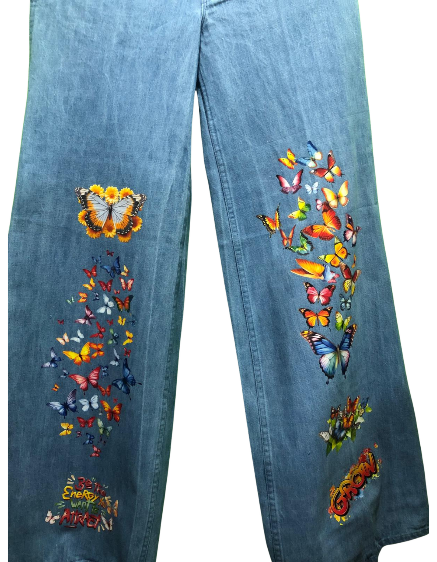 Customized Wide-Leg Denim Jeans with Butterfly Print – Trendy, Artistic, and Comfortable