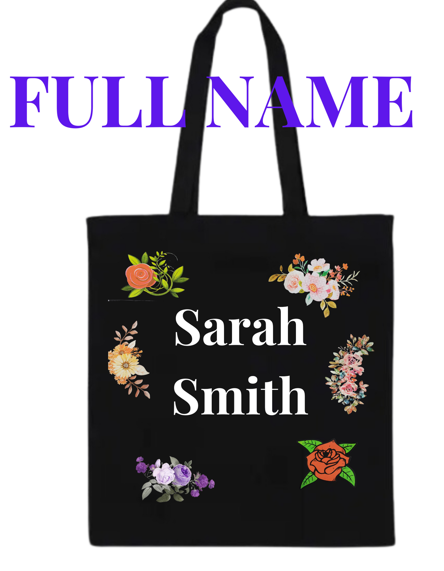 Customizable black tote bag featuring floral designs and personalized name, ideal as a gift or for everyday use.
