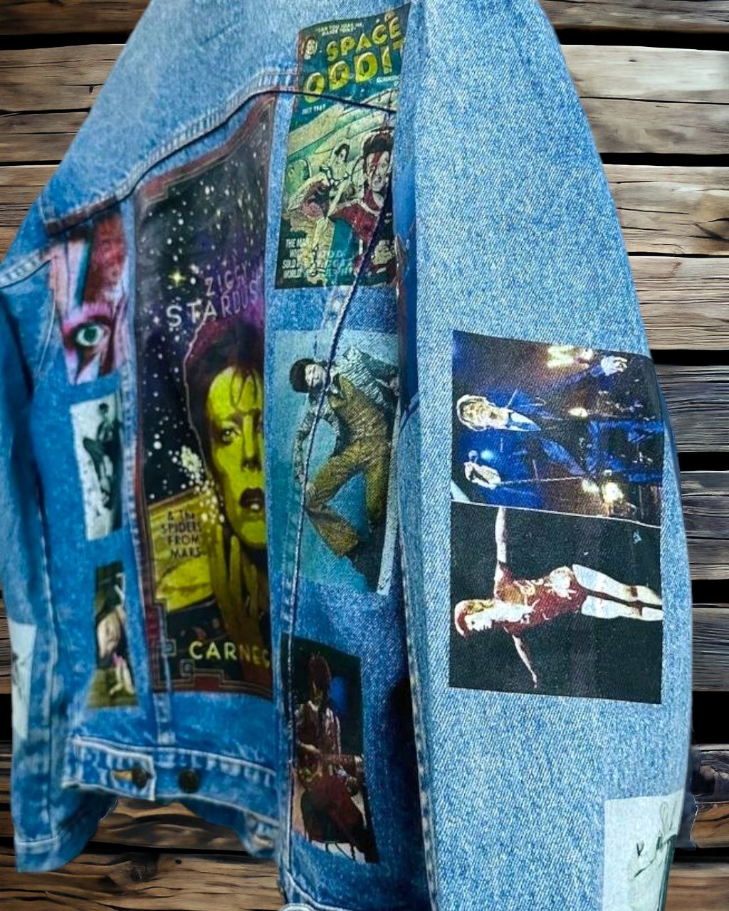 a denim jacket with pictures of david bowie printed on it