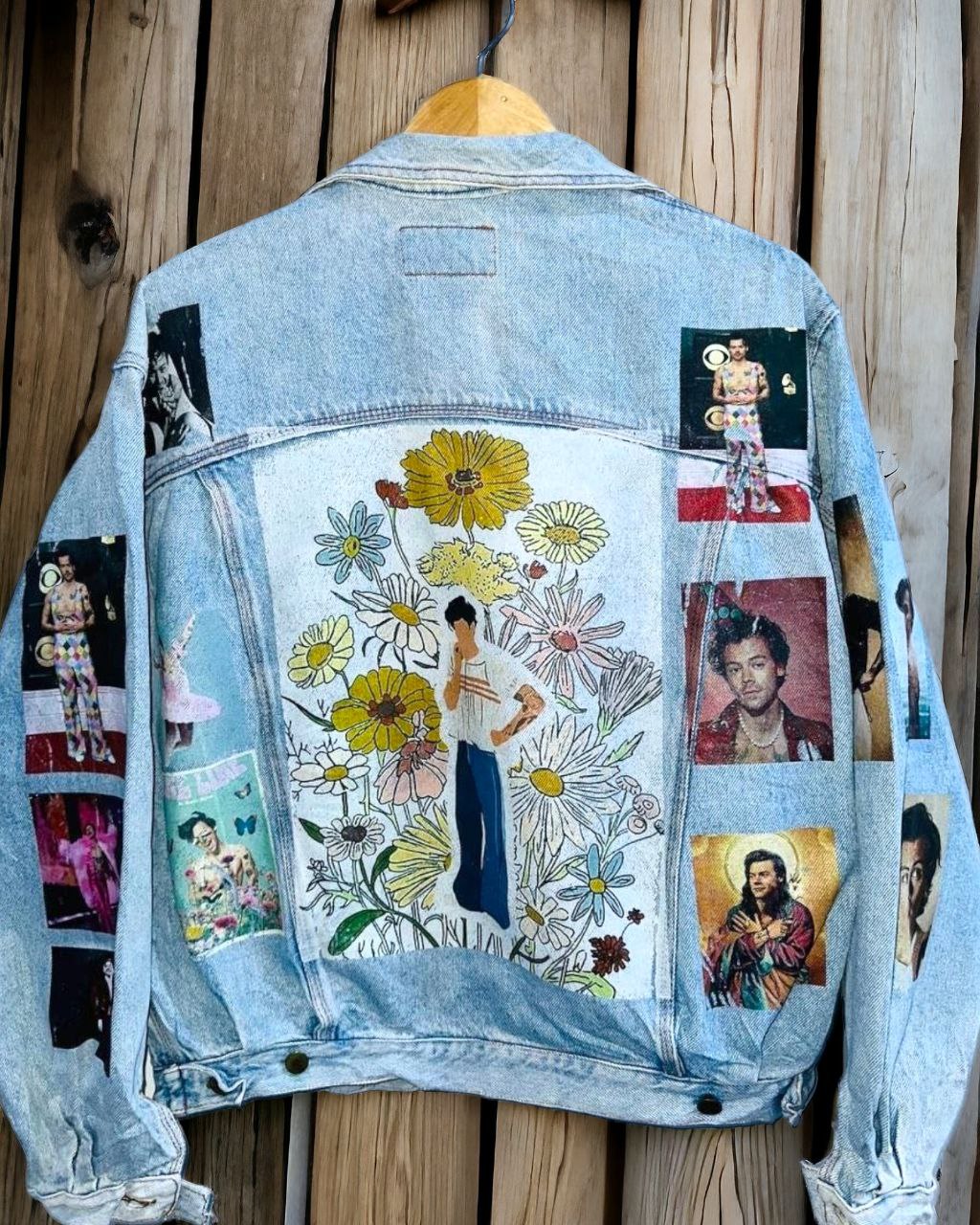a denim jacket with pictures of harrys house printed on it