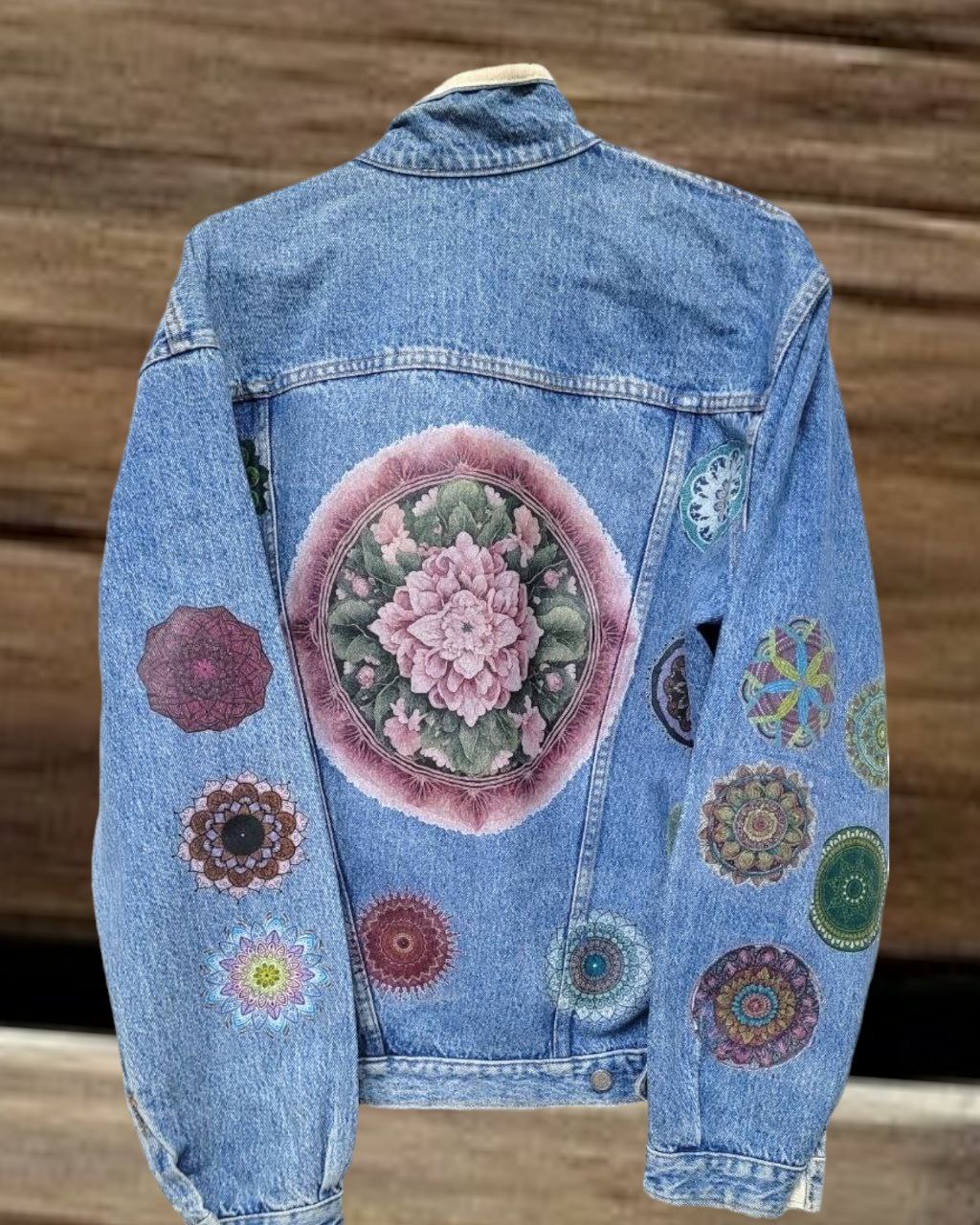 a picture of mandala printed on a denim jacket