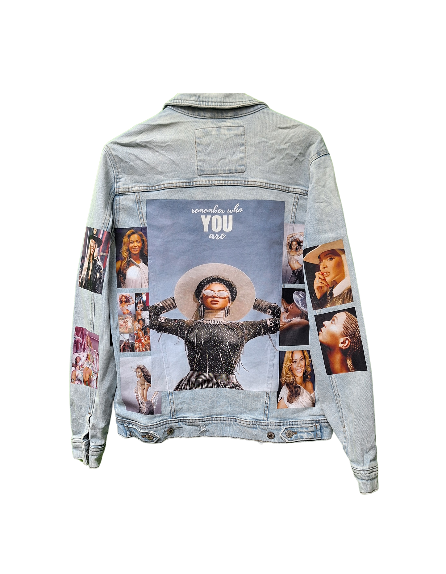 Denim jacket with a collage of photos and text on a white background