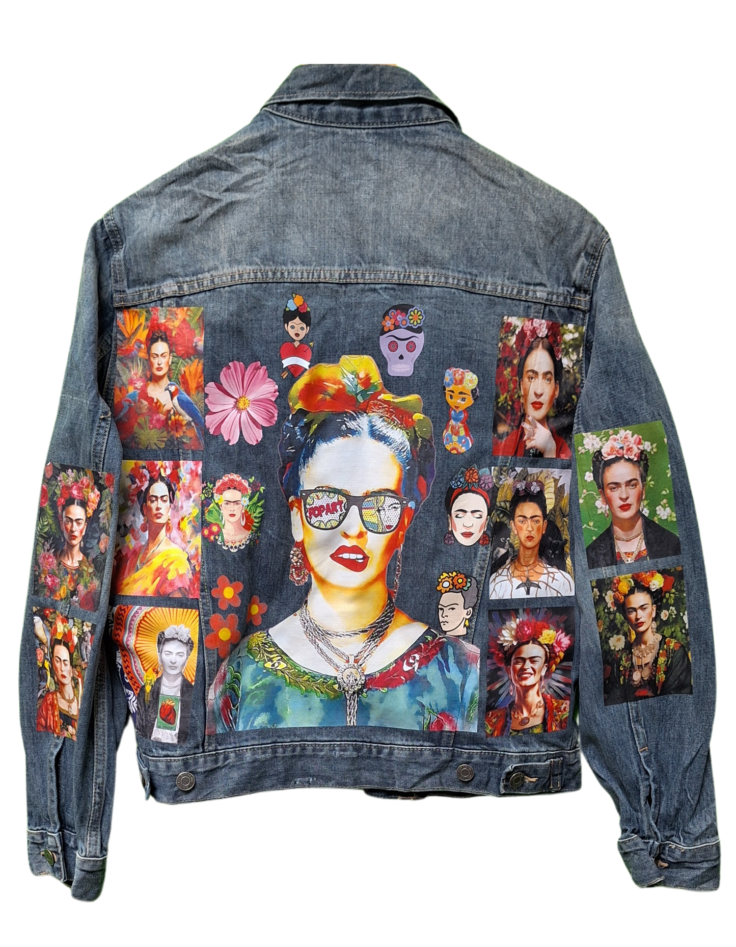 Denim jacket with artistic portraits and floral designs on a white background
