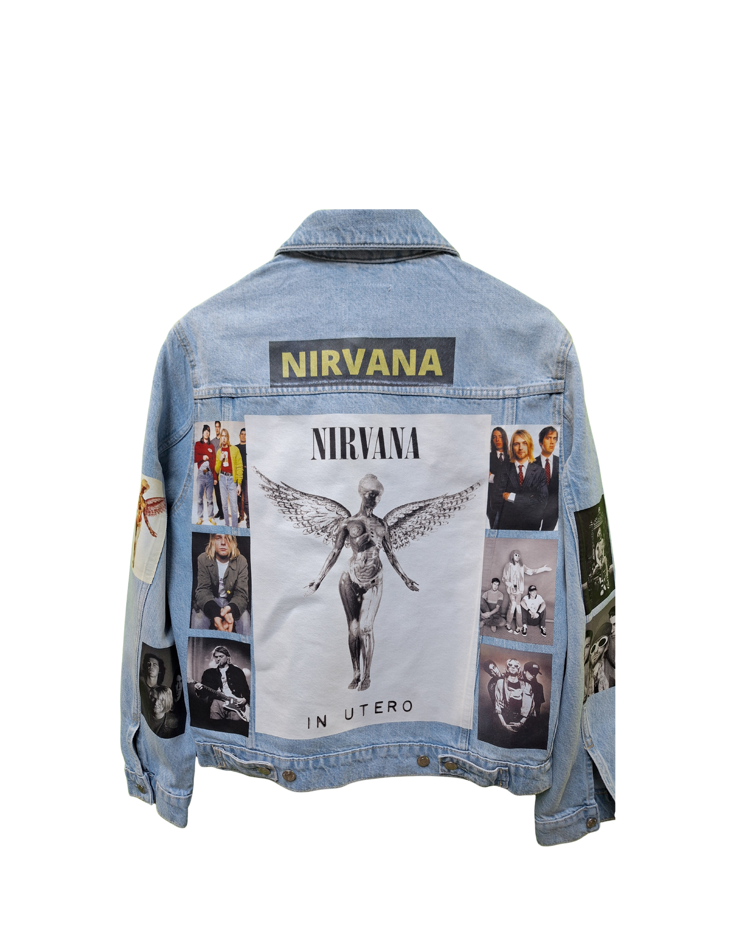 Denim jacket with Nirvana graphic design on a white background
