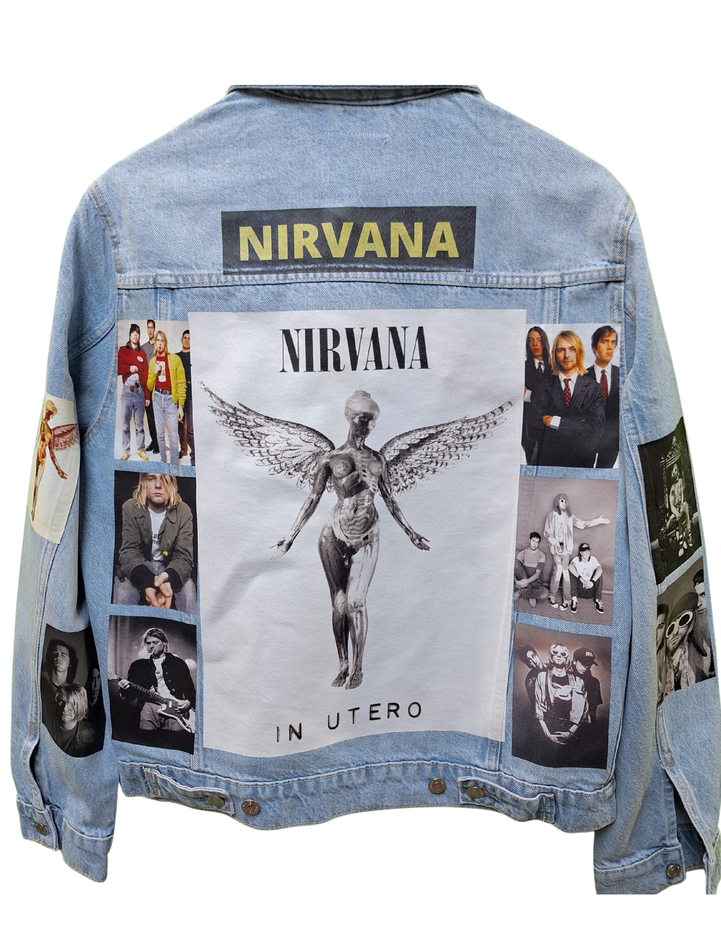 Denim jacket with Nirvana album cover and images on a white background