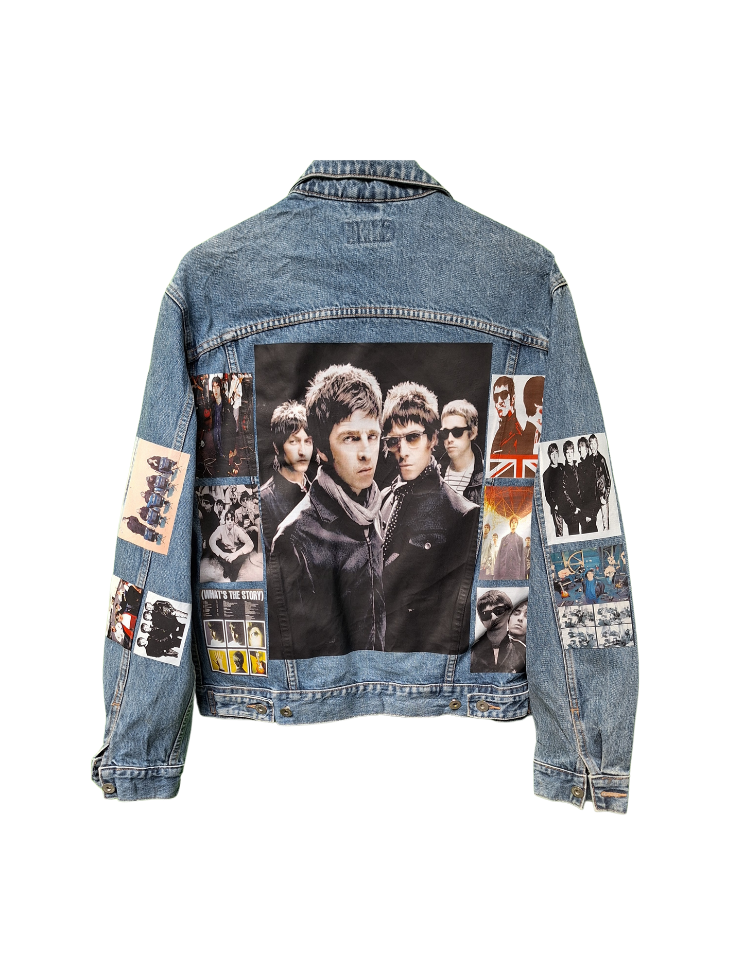 Denim jacket with a collage of images on the back, featuring a band.