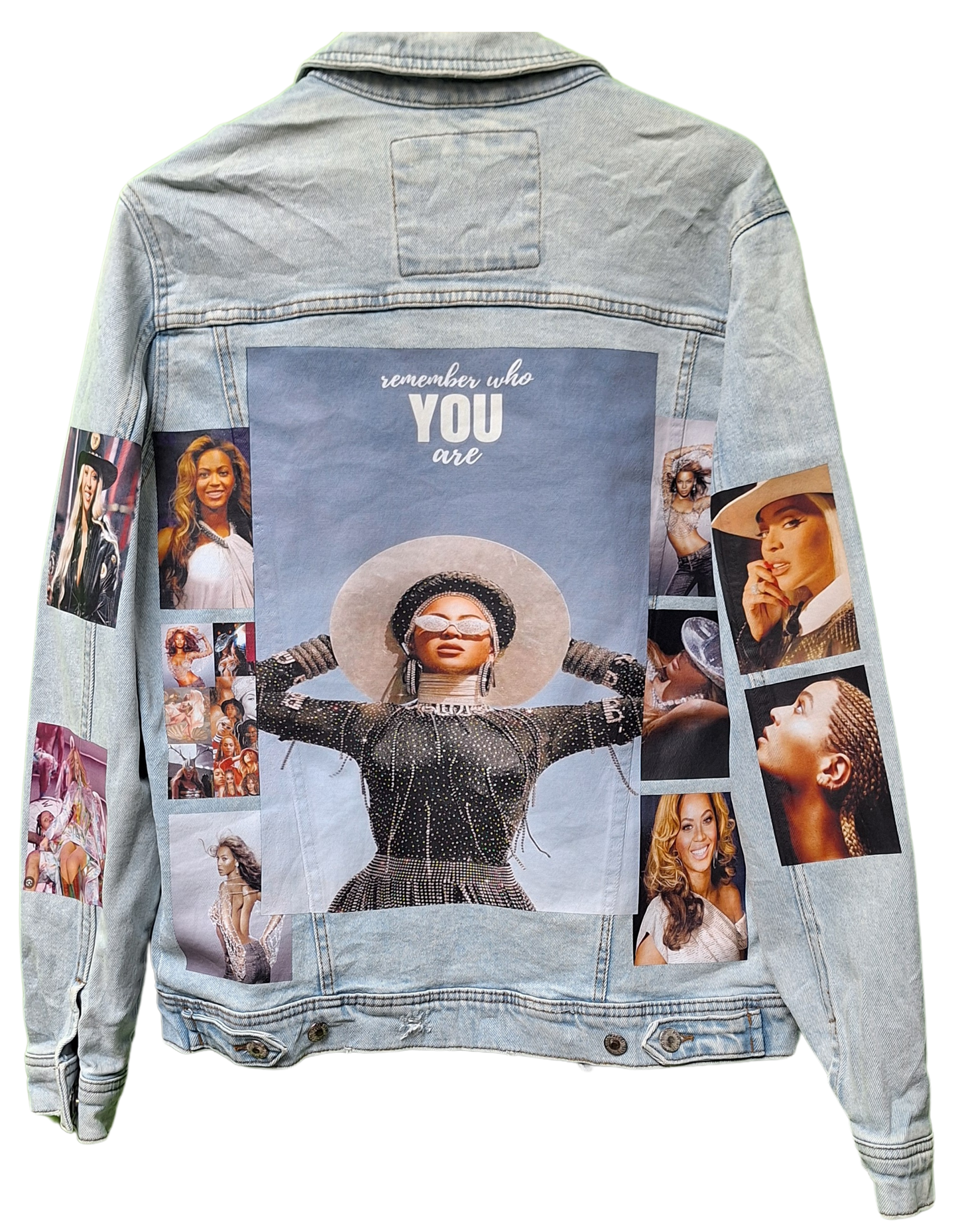 Denim jacket with a collage of images and 'remember who YOU are' text on a white background