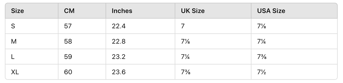 cap hat size chart