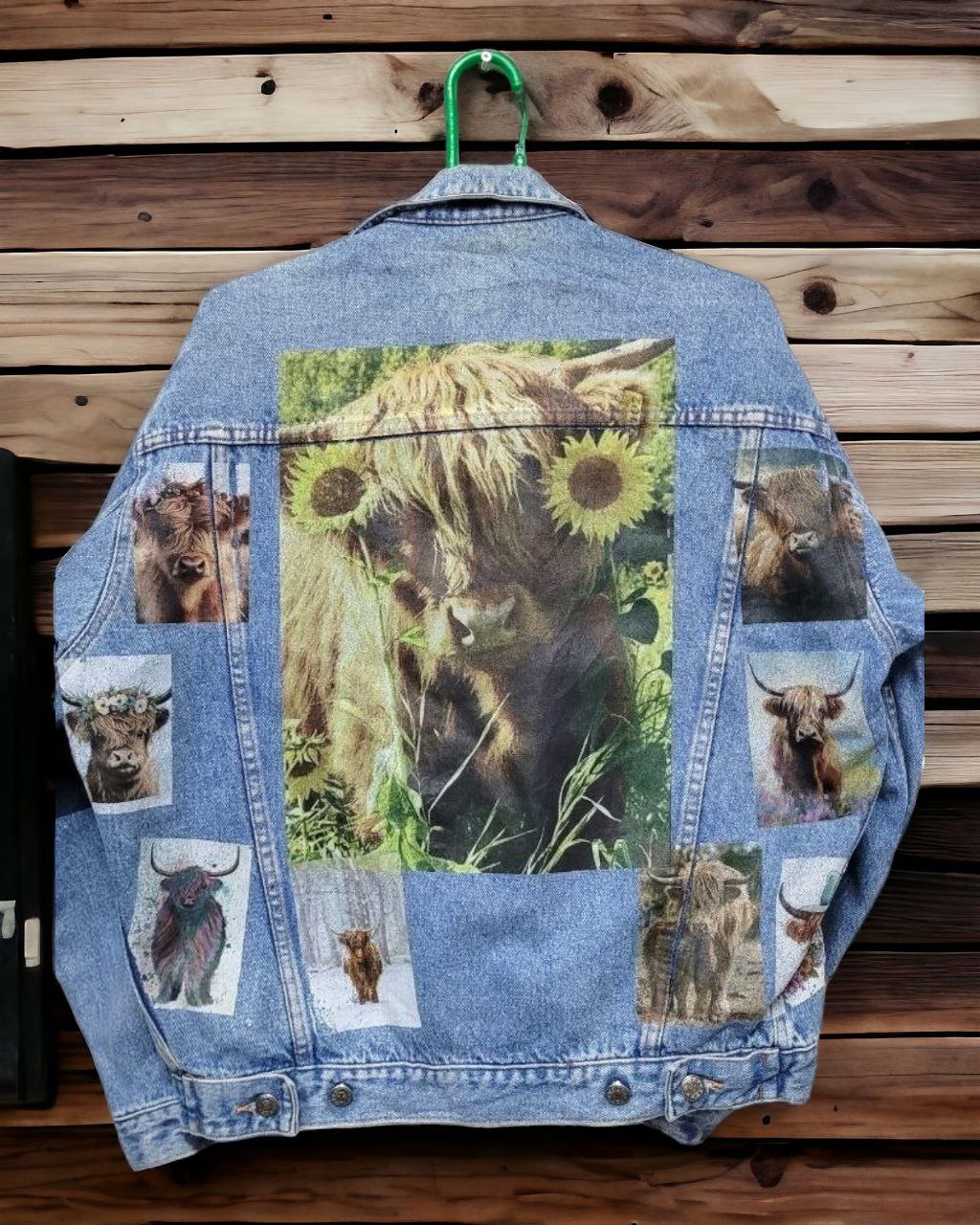 a denim jacket with pictures of himalayan cow printed on it