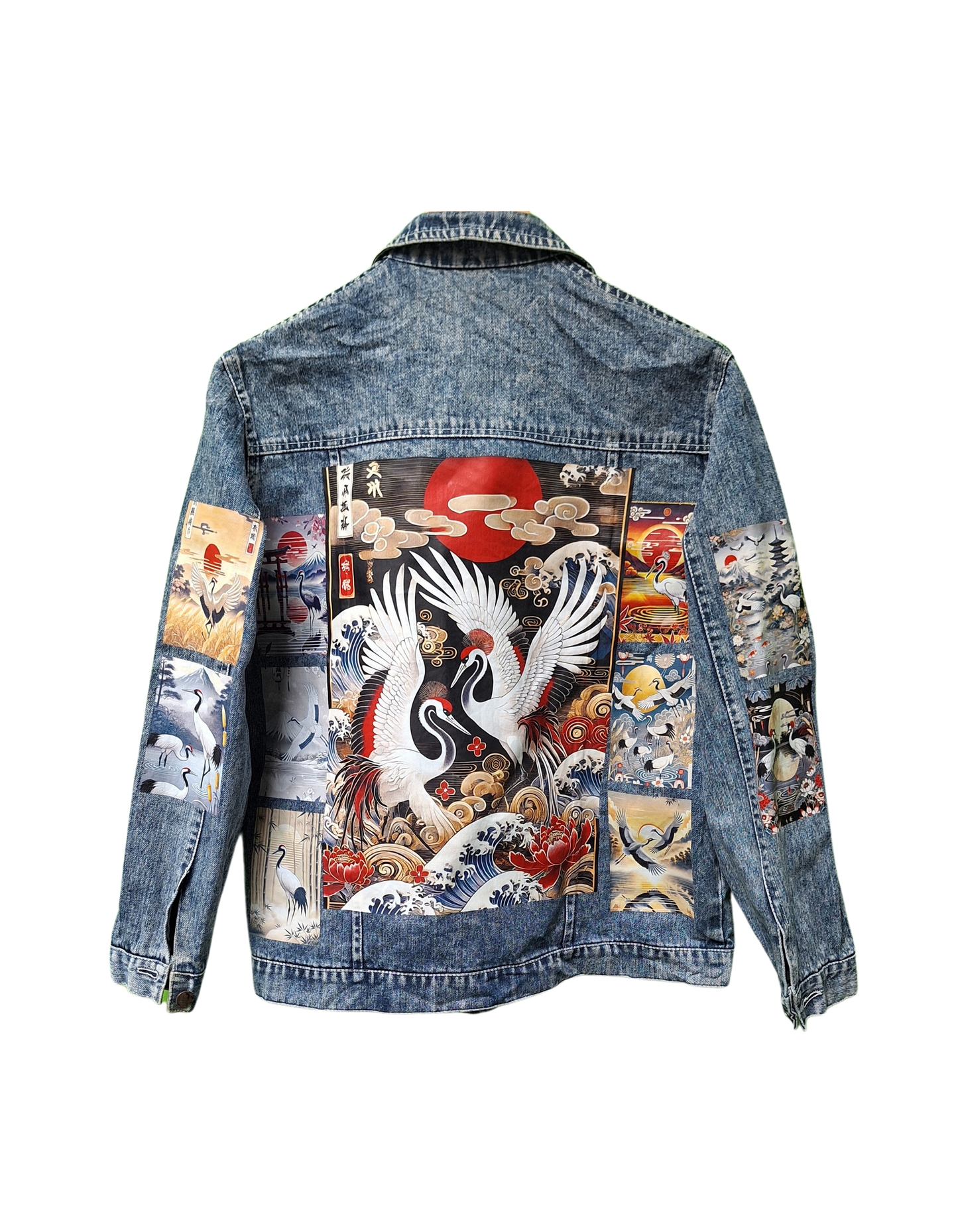 Denim jacket with colorful Japanese-themed patchwork design on a white background