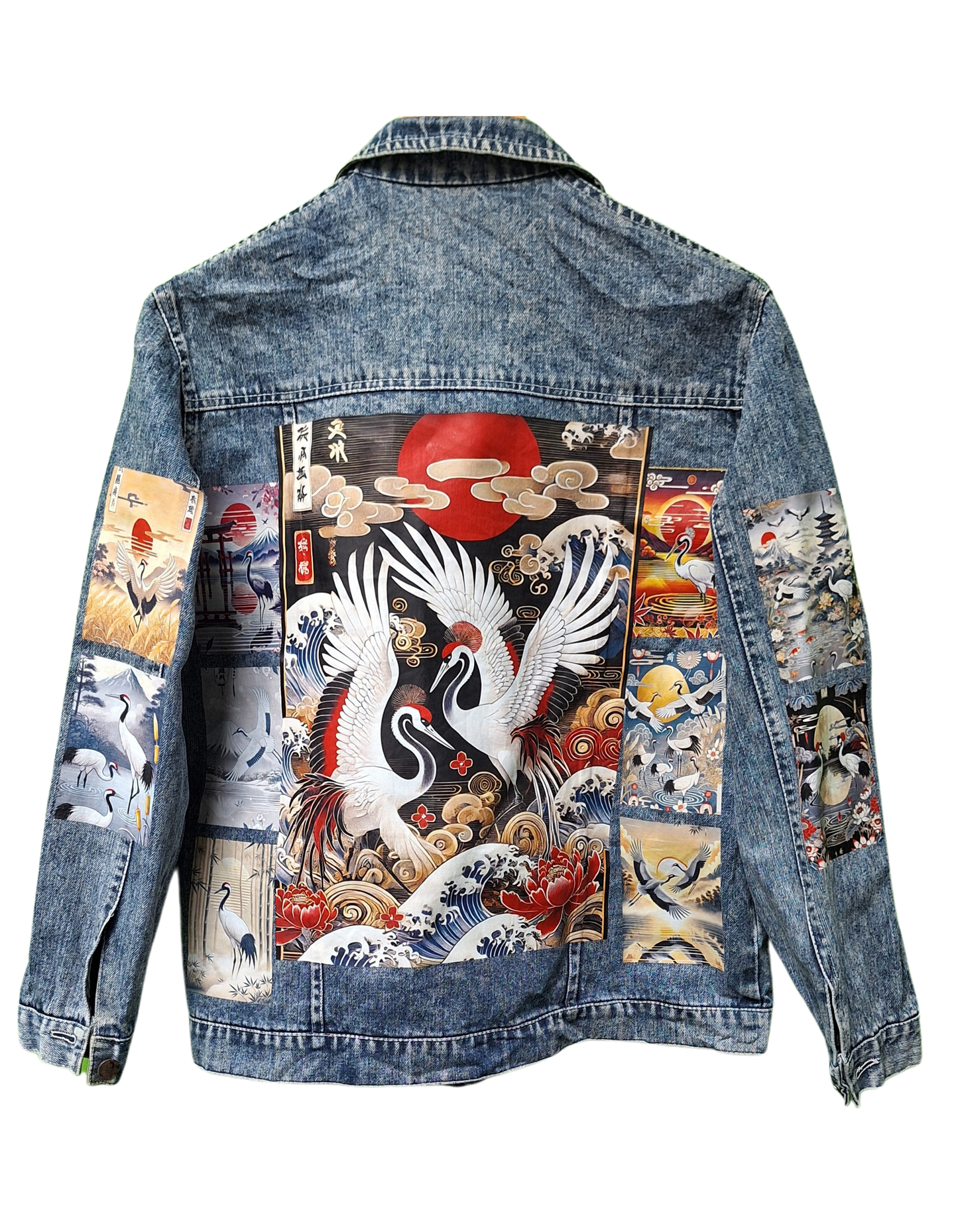 Denim jacket with colorful Japanese-themed patchwork design on a white background