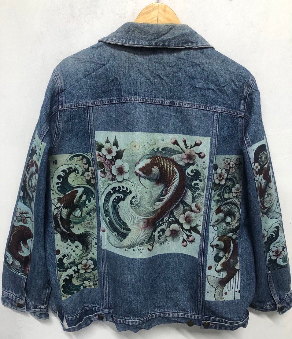 Japanese Koi Fish CUSTOMISED vintage 80's 90's trucker denim jeans jacket S-XXL