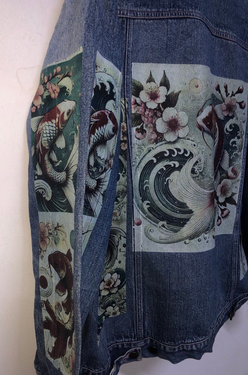 Japanese Koi Fish CUSTOMISED vintage 80's 90's trucker denim jeans jacket S-XXL