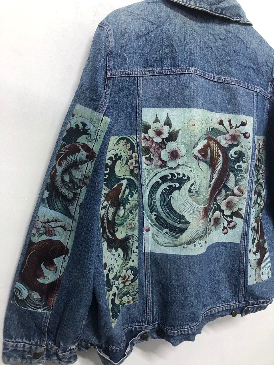 Japanese Koi Fish CUSTOMISED vintage 80's 90's trucker denim jeans jacket S-XXL