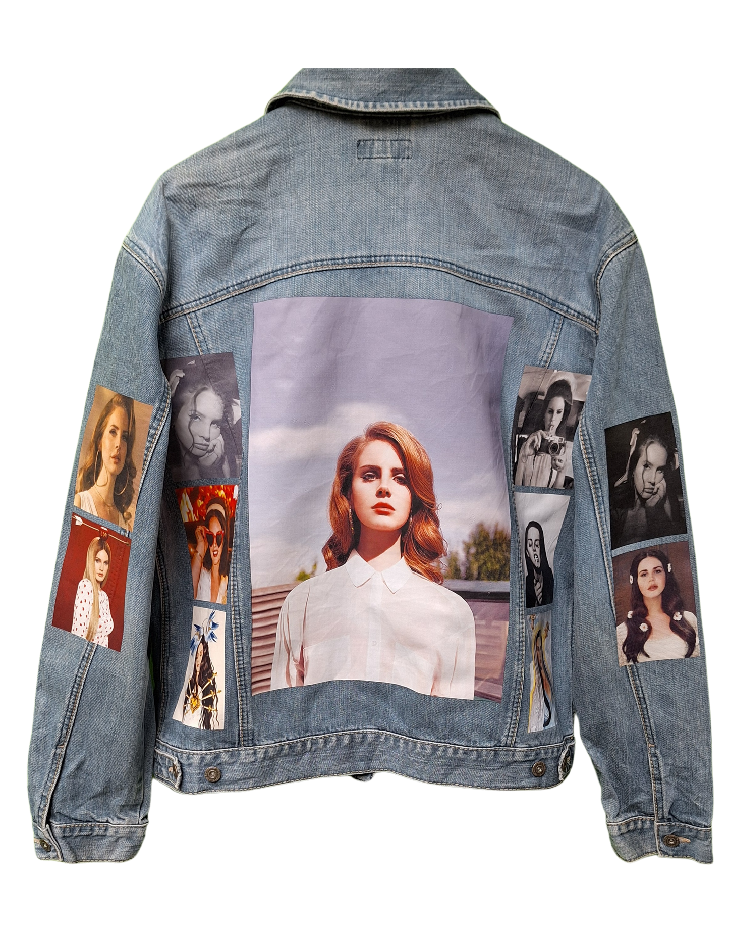 Denim jacket with collage of images on a white background