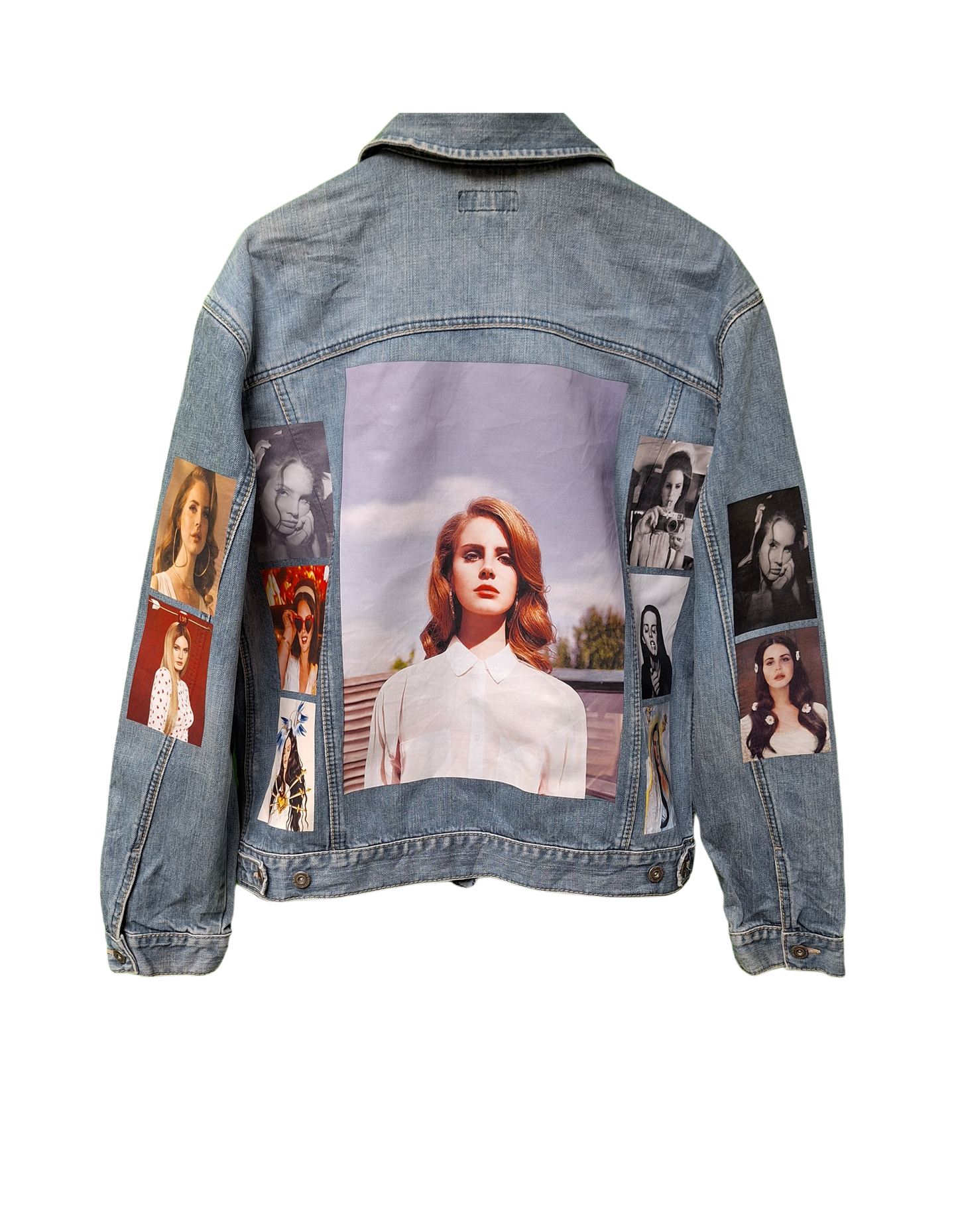 Denim jacket with collage of images on a white background