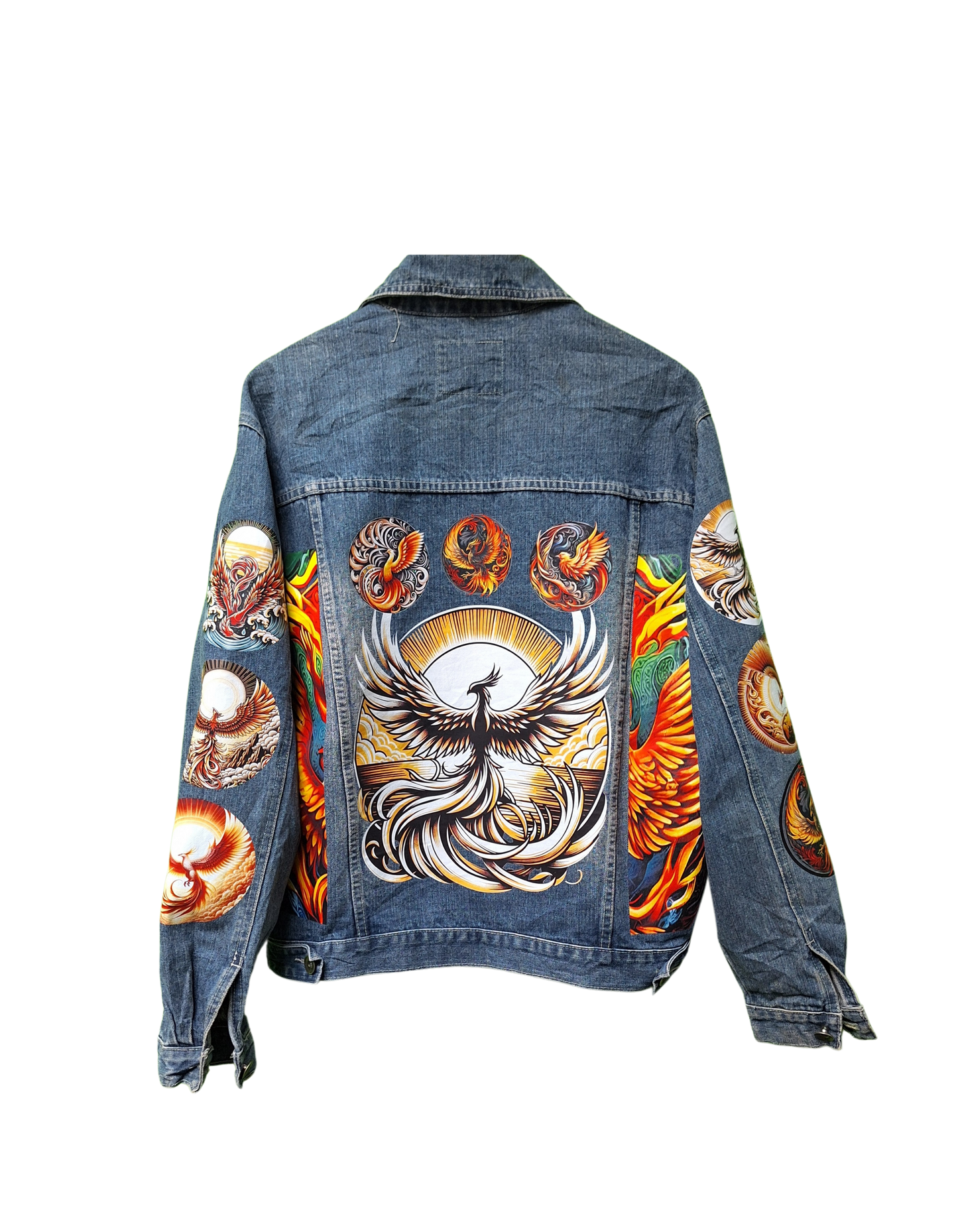 Denim jacket with colorful phoenix design on a white background