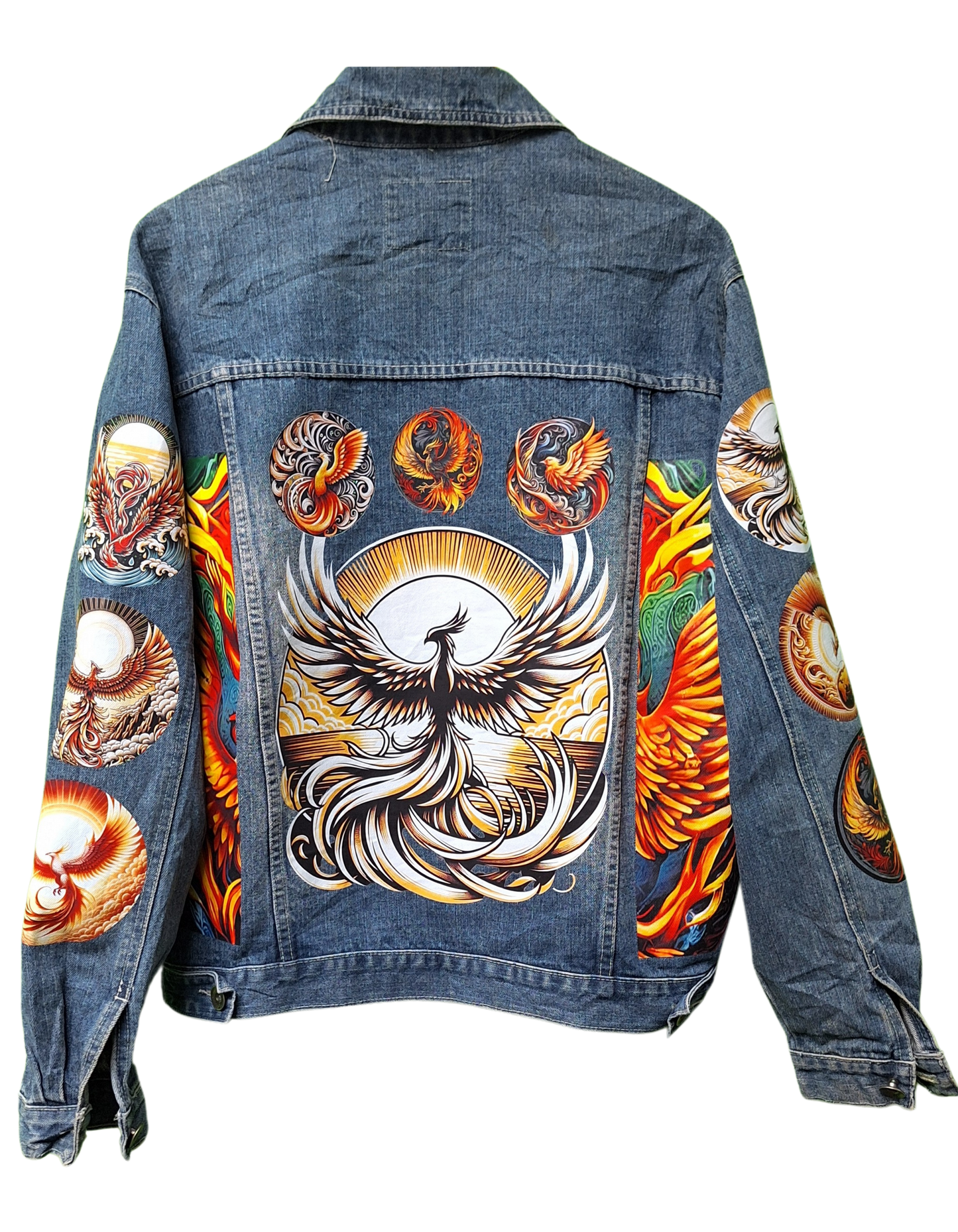 Denim jacket with colorful phoenix designs on a white background