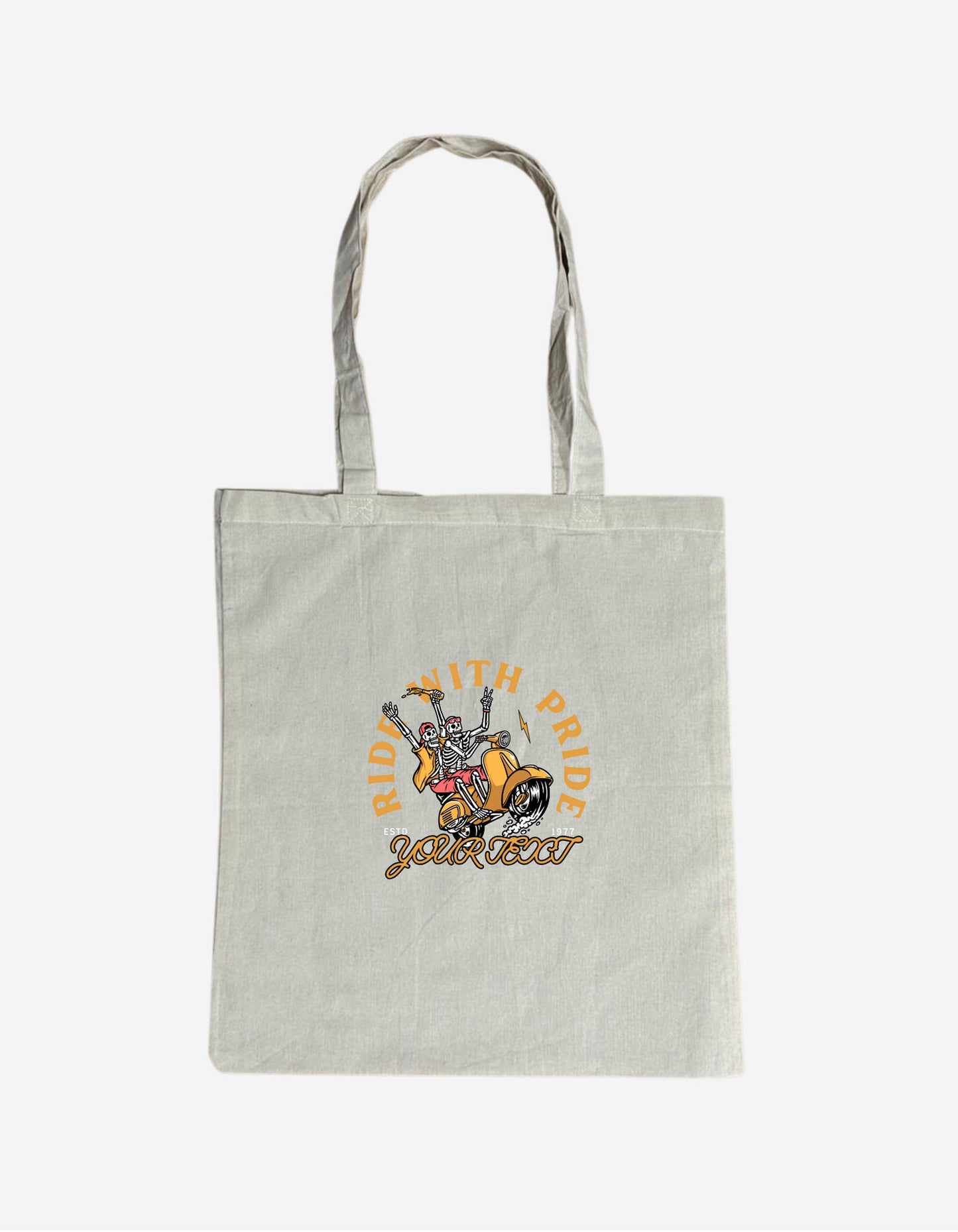 a tote bag with an image of a motorcycle on it