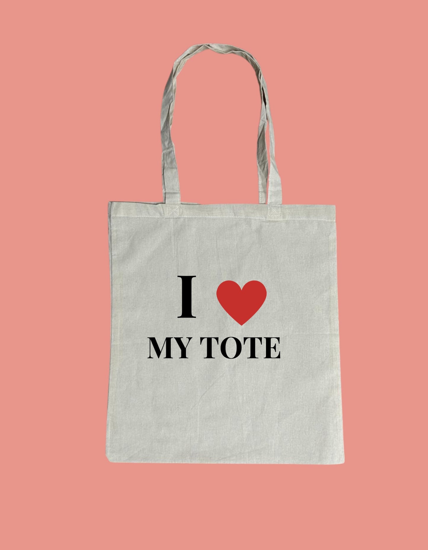 a white tote bag with the words i love my tote printed on it