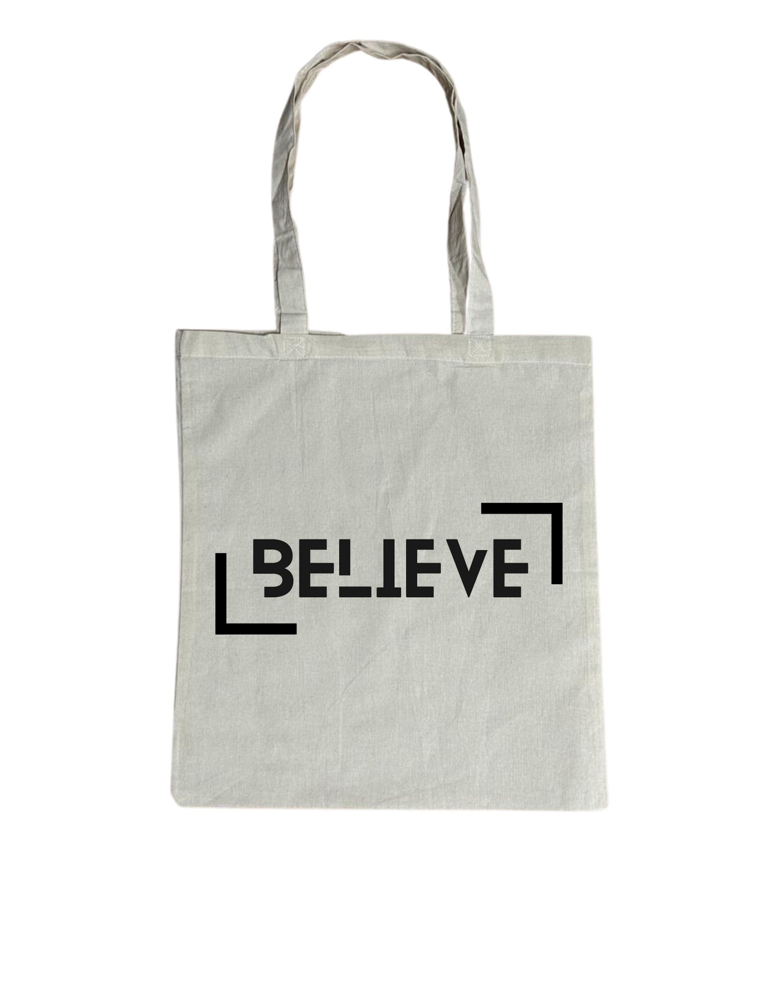 a white bag with the word believe printed on it