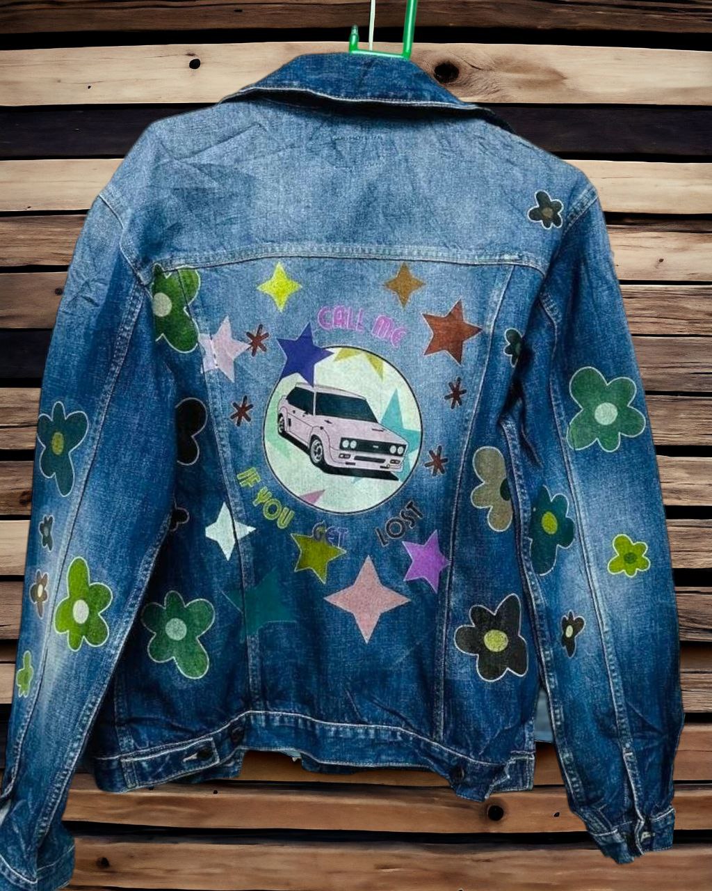 a denim jacket with pictures of taylor the creator printed on it