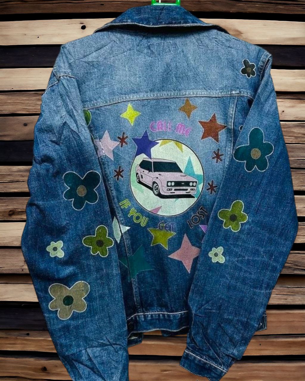 a denim jacket with pictures of taylor the creator printed on it