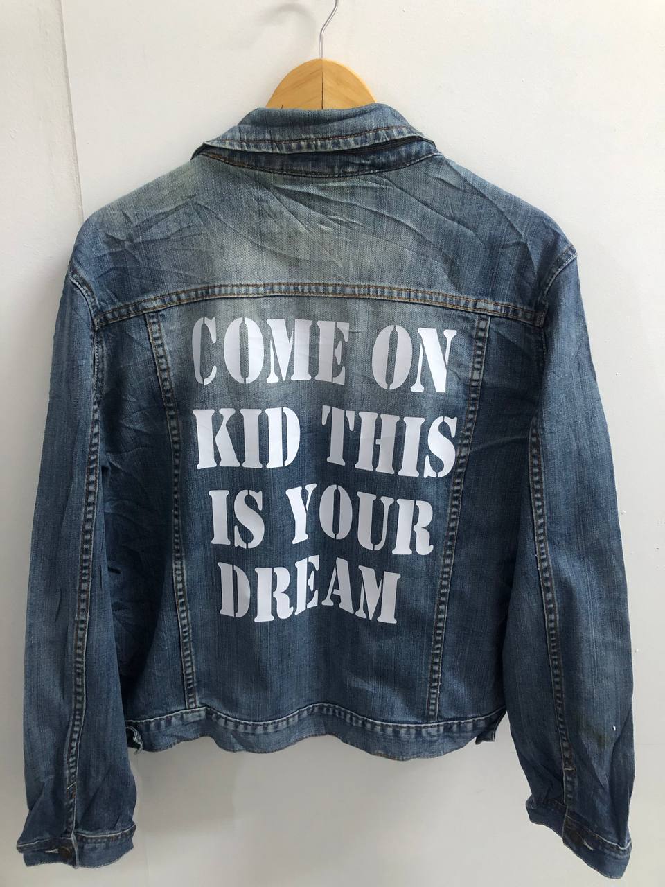 Customized vintage TEXT Design Denim Jacket 80's 90's trucker denim jeans jacket S-XXL