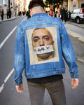 a denim jacket with pictures of eminem printed on it