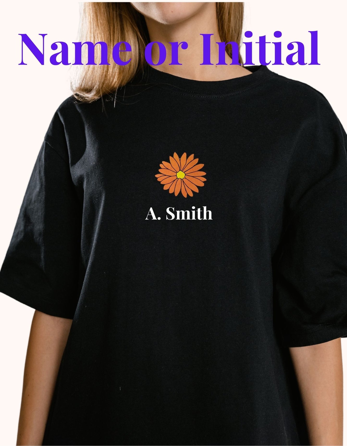 Your Name or Initial on Tee | Custom Black T-Shirt with Vibrant Flower Design