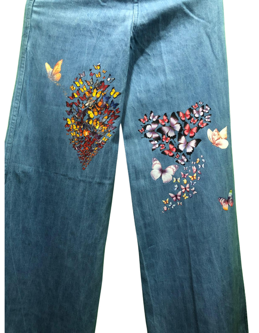 Customized Wide-Leg Denim Jeans with Butterfly Print – Trendy, Artistic, and Comfortable