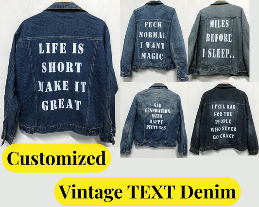 Customized vintage TEXT Design Denim Jacket 80's 90's trucker denim jeans jacket S-XXL