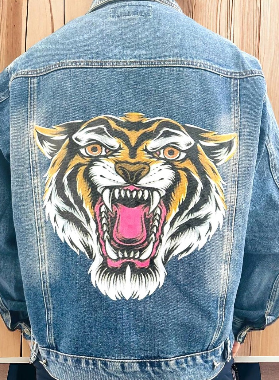 Tiger Design Vintage Denim Jacket  | Graphic Unisex Denim Jacket