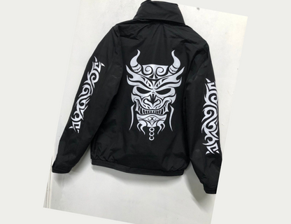 Customized Fleece Lined Bomber Jacket with Tribal Demon Design – Stylish and Warm Outerwear in Various Sizes