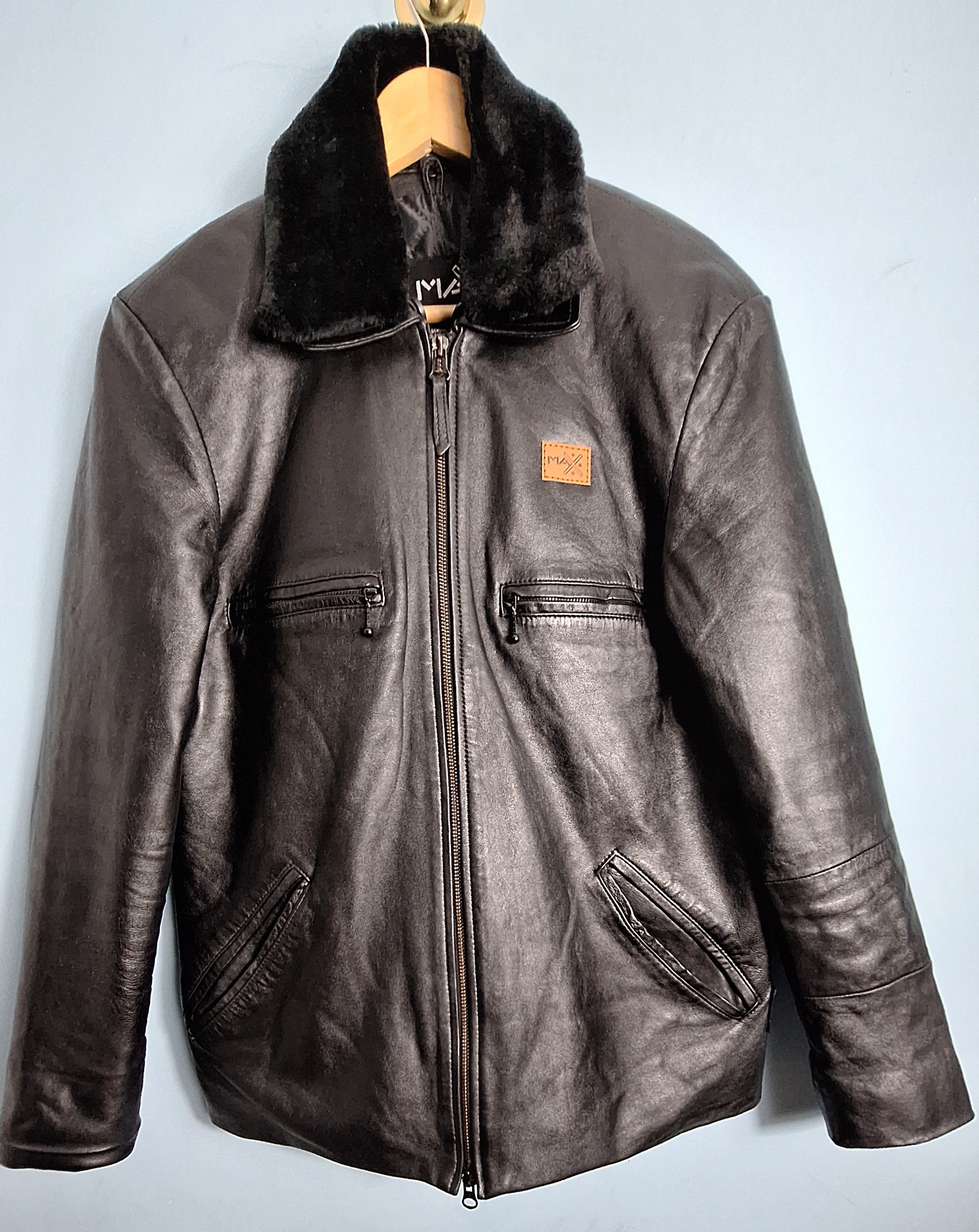 01 Genuine Leather Jacket with Faux Fur Collar - MAXGRG