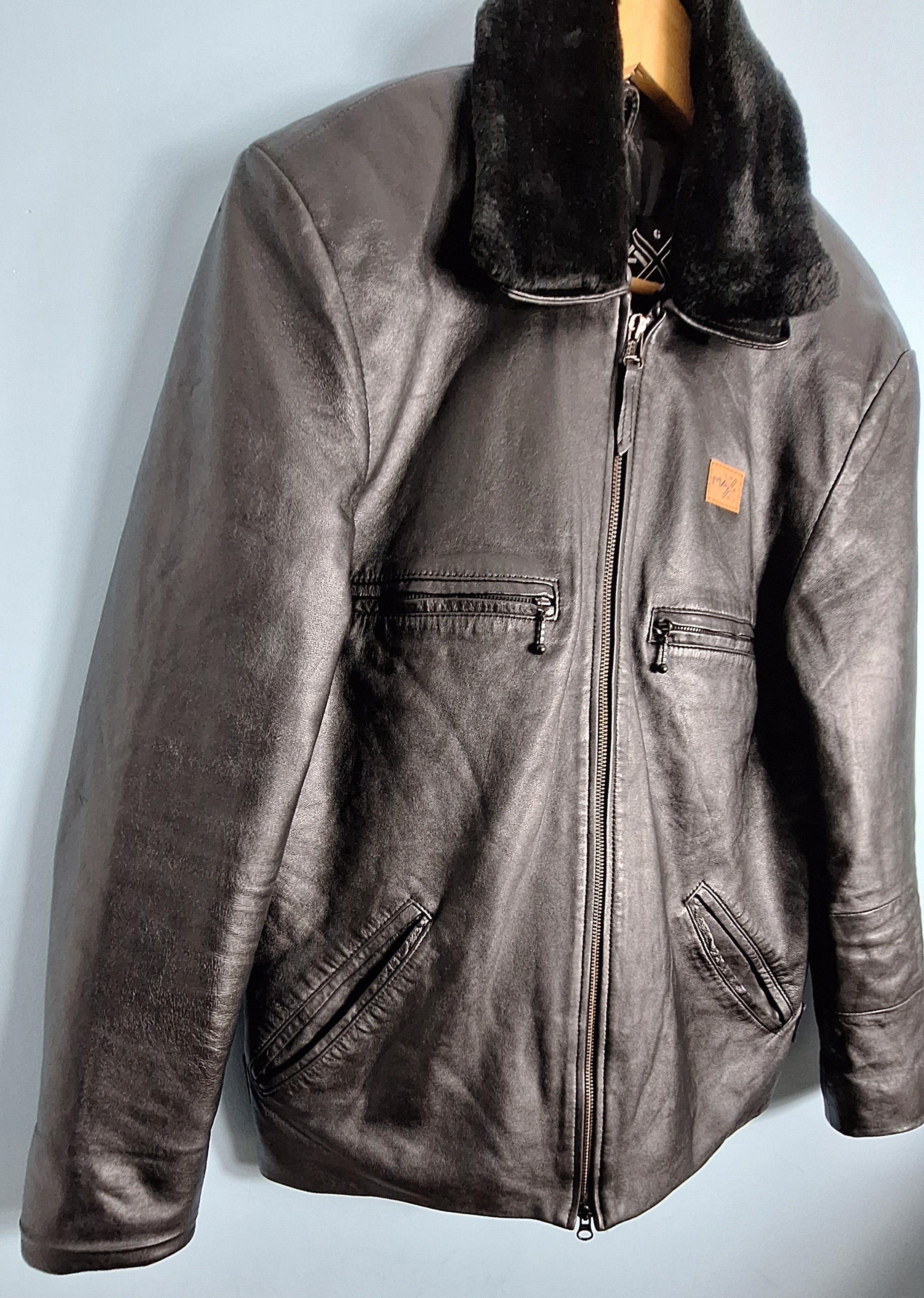 01 Genuine Leather Jacket with Faux Fur Collar - MAXGRG