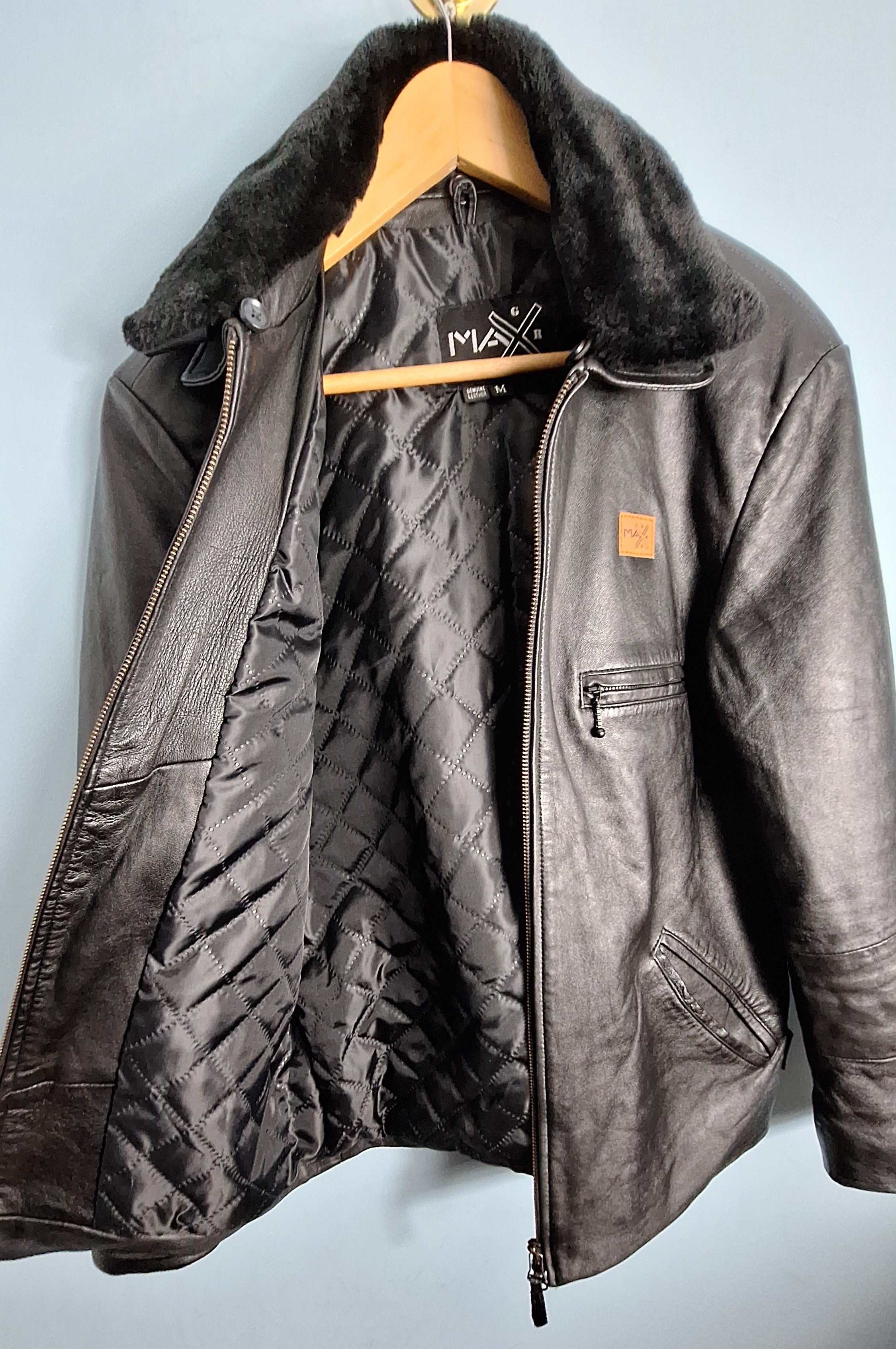 01 Genuine Leather Jacket with Faux Fur Collar - MAXGRG
