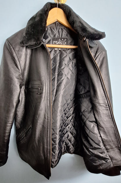 Genuine Leather Jacket with Faux Fur Collar - Classic & Warm Winter Wear