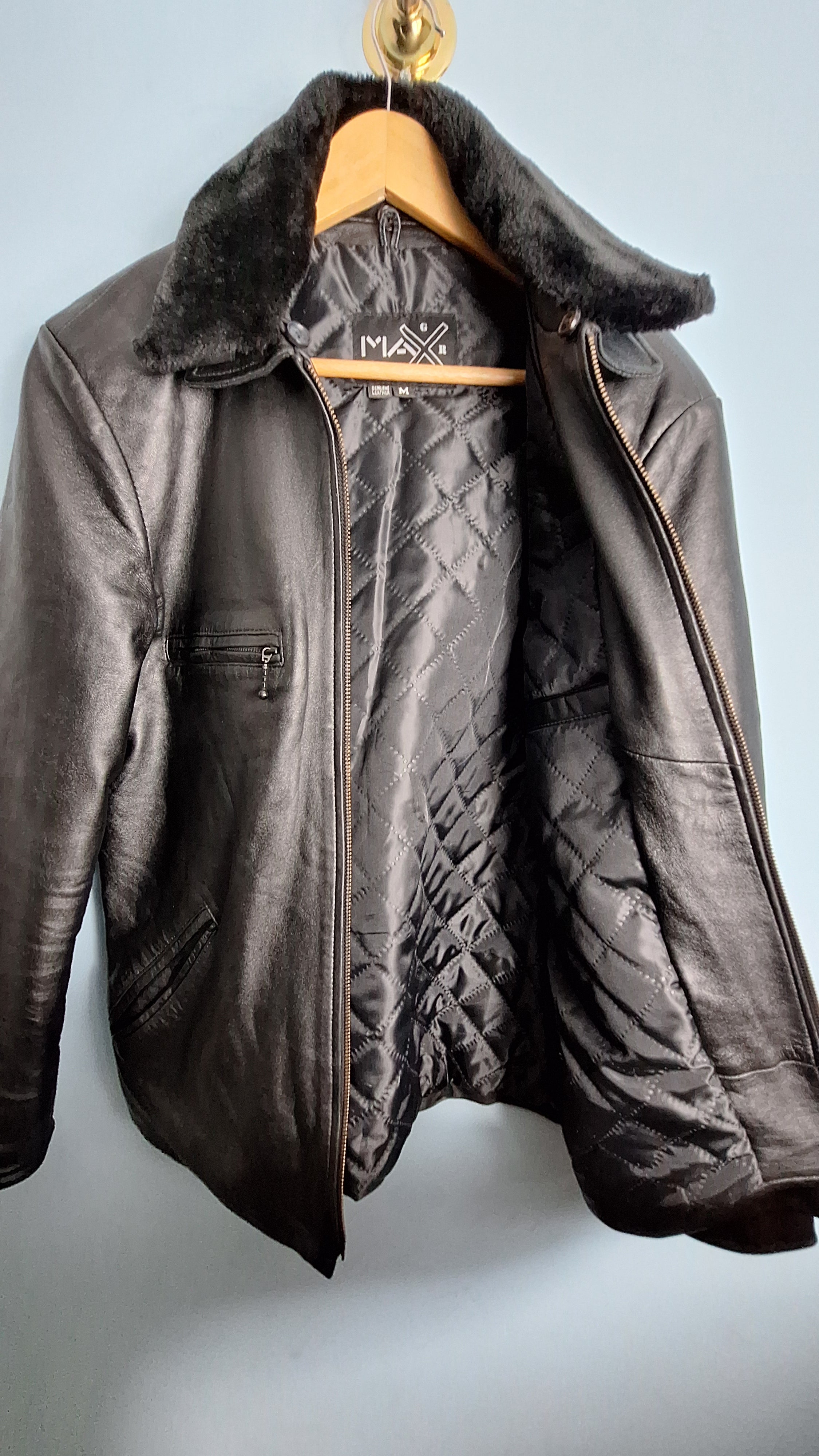 01 Genuine Leather Jacket with Faux Fur Collar - MAXGRG