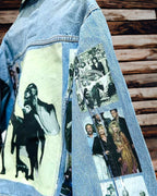 a denim jacket with pictures of fleetwood mac printed on it
