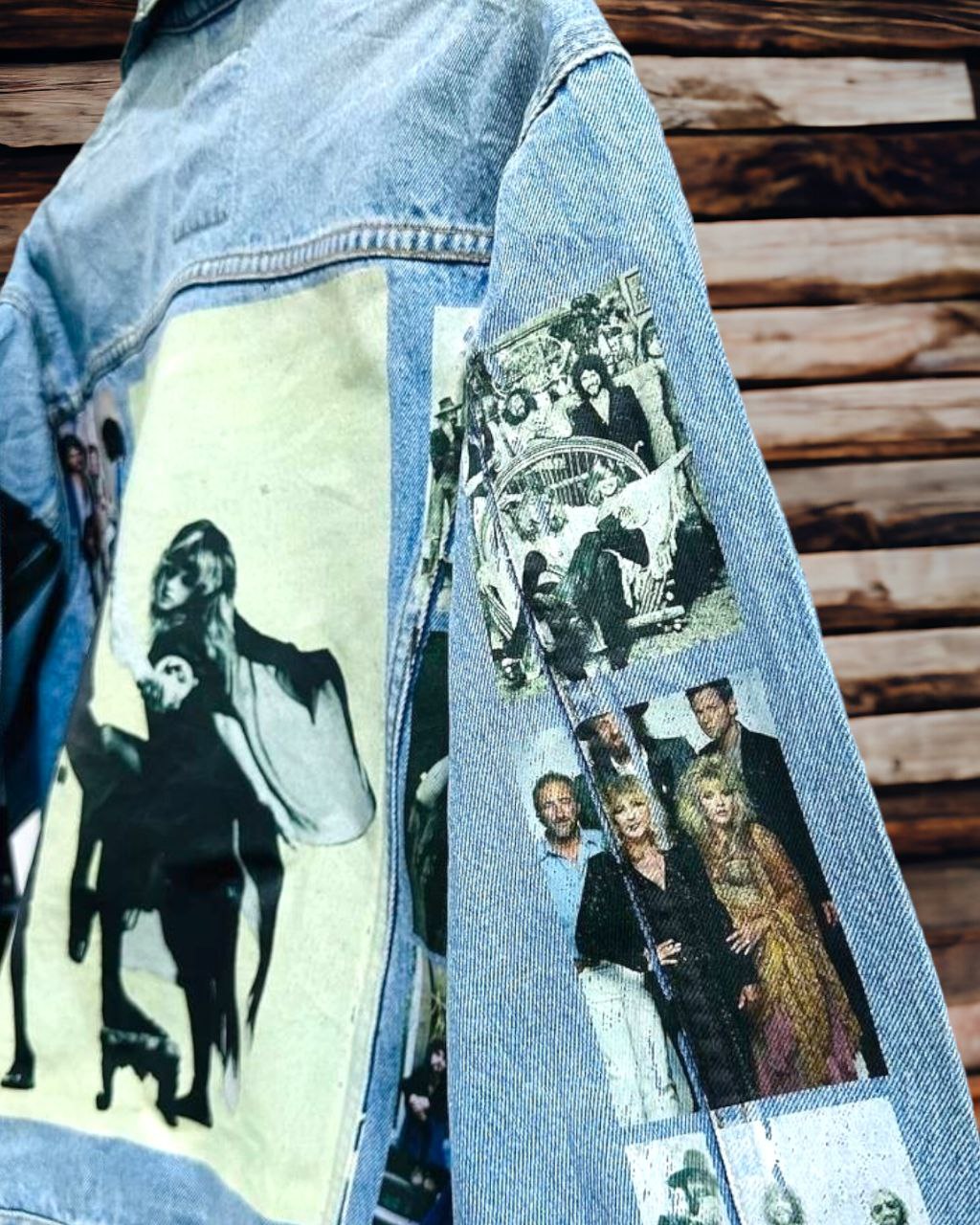 a denim jacket with pictures of fleetwood mac printed on it