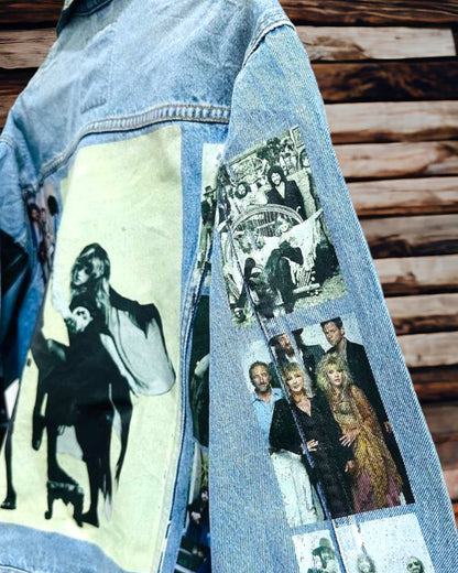 a denim jacket with pictures of fleetwood mac printed on it