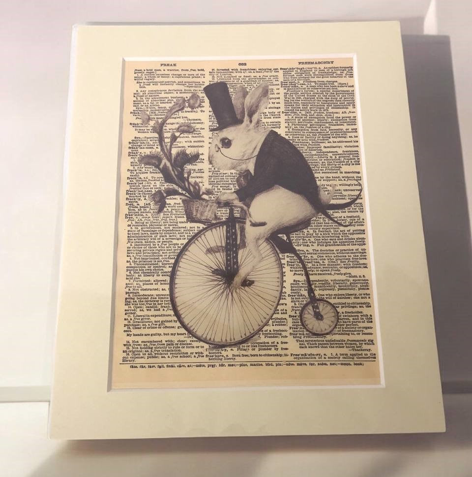 Victorian Rabbit on a Bicycle Poster  - Unique Art Print Hard Board Poster